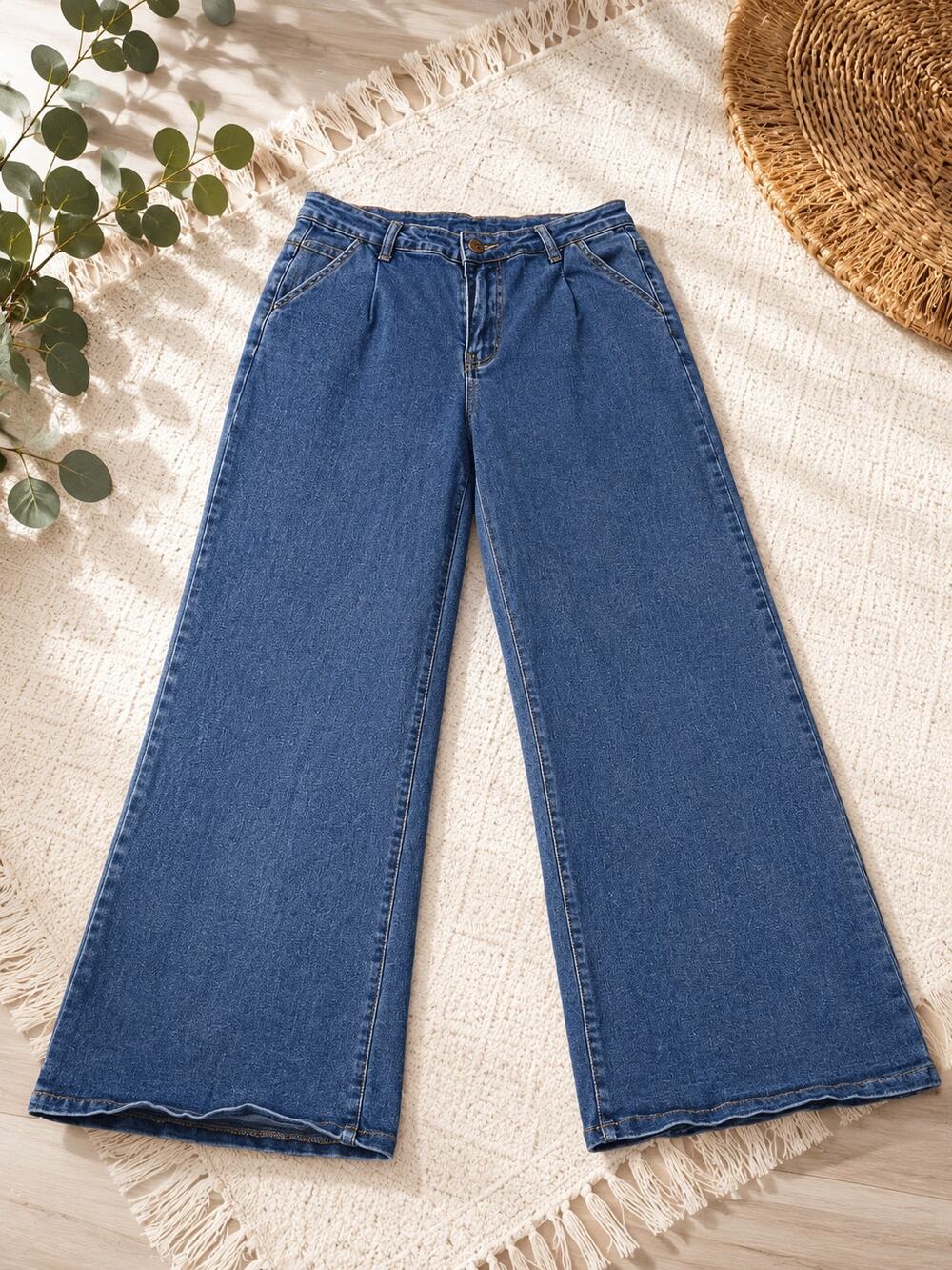 Women’s XL Wide Leg High Rise Jeans Medium Wash Pleated Front Stretch Denim